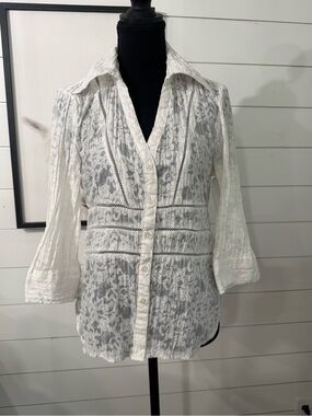 Antilia Femme White Floral Sheer Collared Button-Up Blouse 3/4 Sleeve M